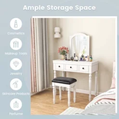 Costway Vanity Table Set Makeup Desk Cushioned Stool 3 Drawer Large Mirror White/Walnut -Baxton Furniture Store GUEST 752a0803 d0d9 4707 ae0d d474e927f7a2