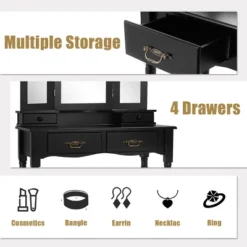 Costway Black Tri Folding Mirror Vanity Makeup Table Stool 4 Drawers -Baxton Furniture Store GUEST 75f802c7 7c5c 478b a3e3 cad832913887