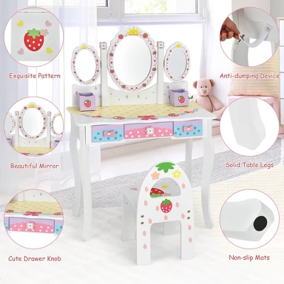 Costway Kids Vanity Princess Makeup Dressing Table Chair Set W/ Tri-fold Mirror White 6 Costway Kids Vanity Princess Makeup Dressing Table Chair Set W/ Tri-fold Mirror White - Image 4