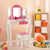 Costway Kid Vanity Set Wooden Makeup Table Stool Tri-Folding Mirror Polka Dot Print Pink