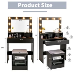 Costway Vanity Table Set With Lighted Mirror 8 LED Bulbs Large Drawer Cushion Stool