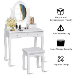 Costway Bedroom Wooden Mirrored Makeup Vanity Set Stool Table Set White 5 Drawers