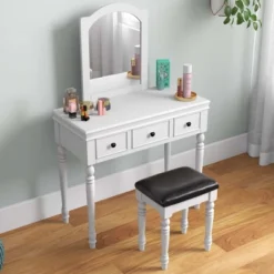 Costway Vanity Table Set Makeup Desk Cushioned Stool 3 Drawer Large Mirror White/Walnut -Baxton Furniture Store GUEST 80a2e01a 3f4e 4083 8c45 2f56f4d7fc02