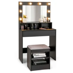 Costway Vanity Table Set With Lighted Mirror 8 LED Bulbs Large Drawer Cushion Stool -Baxton Furniture Store GUEST 84cb06d4 aa84 40d1 a200 b047208e469d