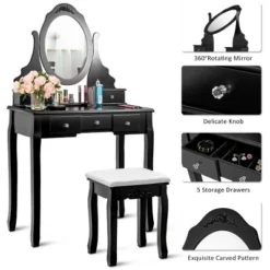 Costway Vanity Jewelry Wooden Makeup Dressing Table Set W/Stool Mirror & 5 Drawers Black 16 Costway Vanity Jewelry Wooden Makeup Dressing Table Set W/Stool Mirror & 5 Drawers Black -Baxton Furniture Store GUEST 861f2994 2d03 49e1 8873 9b49630ba6b1