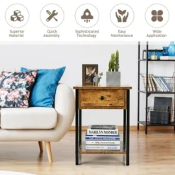 Costway Industrial End Side Table Nightstand With Drawer Shelf Rustic Brown -Baxton Furniture Store GUEST 869c282f f2ac 4dc9 867d 0fa257e135fe