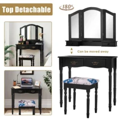 Costway Black Tri Folding Mirror Vanity Makeup Table Stool 4 Drawers -Baxton Furniture Store GUEST 870c8eff e576 492a 948a f51e2b84d167