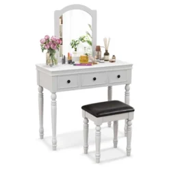 Costway Vanity Table Set Makeup Desk Cushioned Stool 3 Drawer Large Mirror White/Walnut -Baxton Furniture Store GUEST 8821c51e e8e4 420a 9c14 c4e33c188562