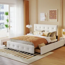Upholstered Queen Size Platform Bed With Classic Headboard And 4 Drawers-ModernLuxe -Baxton Furniture Store GUEST 8960b82b bae7 4c73 8608 4752508f0e1c