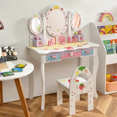 Costway Kids Vanity Princess Makeup Dressing Table Chair Set W/ Tri-fold Mirror White 3 Costway Kids Vanity Princess Makeup Dressing Table Chair Set W/ Tri-fold Mirror White