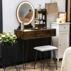 Costway Vanity Table Set Lighted Mirror Storage Drawer Shelf Cushion Stool 13 Costway Vanity Table Set Lighted Mirror Storage Drawer Shelf Cushion Stool -Baxton Furniture Store GUEST 8b28ffa7 a769 4356 bdf1 2b0eb5ba3107
