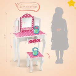 Costway Kid Vanity Set Wooden Makeup Table Stool Tri-Folding Mirror Polka Dot Print Pink -Baxton Furniture Store GUEST 8bbce9a7 dfbc 4e51 a991 1bda49d2b6bc