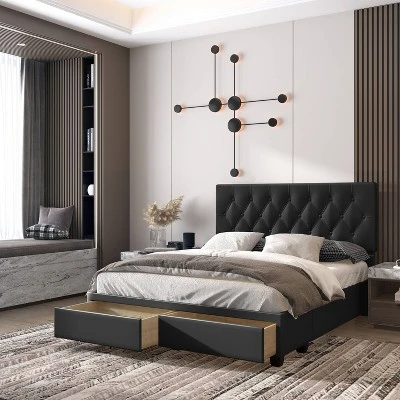 Full Veronica Tufted Faux Leather Upholstered Platform Bed With Storage Drawers Black - Eco Dream 7 Full Veronica Tufted Faux Leather Upholstered Platform Bed With Storage Drawers Black - Eco Dream - Image 5