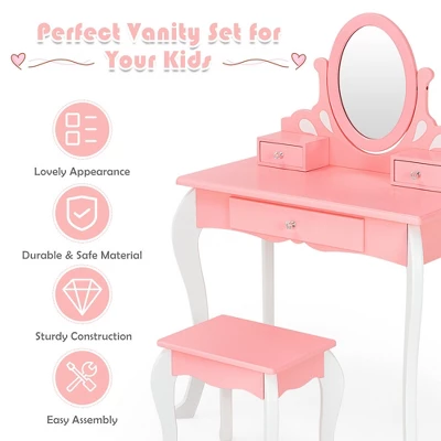 Costway Kids Vanity Princess Makeup Dressing Table Stool Set W/ Mirror Drawer 9 Costway Kids Vanity Princess Makeup Dressing Table Stool Set W/ Mirror Drawer - Image 7