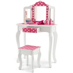 Costway Kid Vanity Set Wooden Makeup Table Stool Tri-Folding Mirror Polka Dot Print Pink -Baxton Furniture Store GUEST 95e7fe05 7631 41ca 84b4 e1b451680738