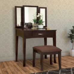 Wooden Vanity Table With 3 Panel Mirror And Padded Stool Brown - Benzara -Baxton Furniture Store GUEST 9619d486 9469 49f5 901a a7a4f84b9d76