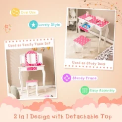 Costway Kid Vanity Set Wooden Makeup Table Stool Tri-Folding Mirror Polka Dot Print Pink -Baxton Furniture Store GUEST 9918f93e b07d 468a 88e8 ba911013edd6