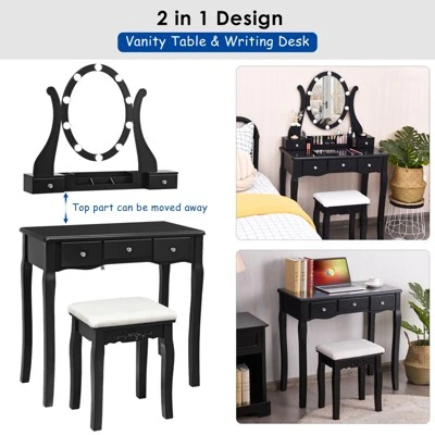 Tangkula Vanity Table Makeup Dresser Desk W/LED Light Drawers & Stool Black/Brown/White 6 Tangkula Vanity Table Makeup Dresser Desk W/LED Light Drawers & Stool Black/Brown/White - Image 4