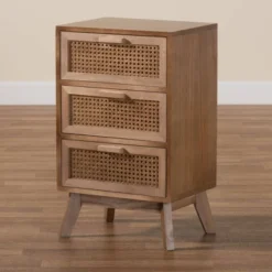 Baden Wood With Rattan 3 Drawer Nightstand Walnut Brown - Baxton Studio -Baxton Furniture Store GUEST 9e87e016 527e 41a9 9c03 2bb2709df11e