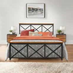 Queen Ashford Metal Bed With Wood Accent Textured Black Oak Finished Wood - Hillsdale Furniture