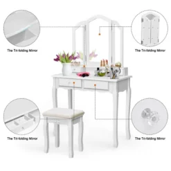Costway Makeup Table Stool Set Tri Folding Mirror Vanity WhiteBlack -Baxton Furniture Store GUEST a91b7d6d b759 4cf6 a1b4 2798e41c3b9c