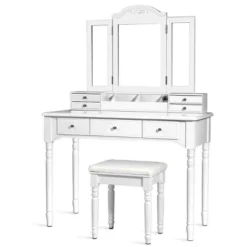 Tangkula 7 Drawers Tri-Folding Vanity Mirror Makeup Dressing Table Set W/ Necklace Hook -Baxton Furniture Store GUEST ae27b0b2 c6bf 4ee8 b8b2 e4b9a315a001