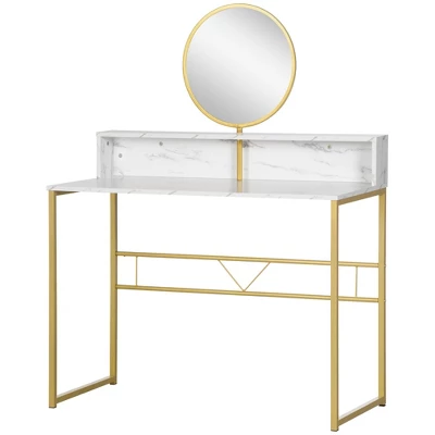 HOMCOM Modern Vanity Makeup Desk With Mirror, Dressing Table With Open Storage, Faux Marble Finish And Steel Frame For Bedroom, White And Gold 5 HOMCOM Modern Vanity Makeup Desk With Mirror, Dressing Table With Open Storage, Faux Marble Finish And Steel Frame For Bedroom, White And Gold - Image 3