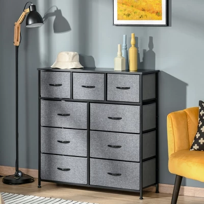 HOMCOM 9 Drawers Storage Chest Dresser Organizer Unit W/ Steel Frame, Wood Top, Easy Pull Fabric Bins, For Bedroom, Hallway, Closet, Entryway 4 HOMCOM 9 Drawers Storage Chest Dresser Organizer Unit W/ Steel Frame, Wood Top, Easy Pull Fabric Bins, For Bedroom, Hallway, Closet, Entryway - Image 2