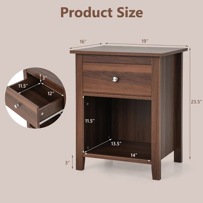 Costway 2 PCS Nightstand Side Table With Drawer Open Shelf For Living Room Bedroom Walnut/Brown 4 Costway 2 PCS Nightstand Side Table With Drawer Open Shelf For Living Room Bedroom Walnut/Brown - Image 2