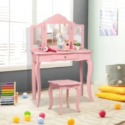 Costway Kids Vanity Table & Stool Princess Dressing Make Up Play Set For Girls Pink -Baxton Furniture Store GUEST b48518ee a593 4270 991b f0a49adef908