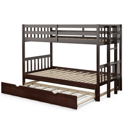 Costway Twin Over Twin Pull-Out Bunk Bed With Trundle Wooden Ladder WhiteEspresso 10 Costway Twin Over Twin Pull-Out Bunk Bed With Trundle Wooden Ladder WhiteEspresso - Image 8