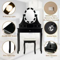 Costway Bedroom Vanity Set Makeup Dressing Table W/3 Drawers 10 LED Bulb Black -Baxton Furniture Store GUEST bb59c28e 65a9 43c3 9273 0be105942c37