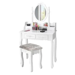 Costway Vanity Wood Makeup Dressing Table Stool Jewelry Desk 4 White -Baxton Furniture Store GUEST bb5aad39 d9fc 41e5 bdd5 d493d550e673