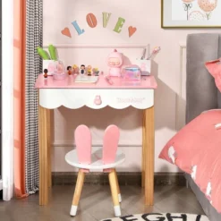 Costway Kids Vanity Set Rabbit Makeup Dressing Table Chair Set W/ Mirror Drawer WhitePink -Baxton Furniture Store GUEST bd1bee9f e151 4ffa a61c 8d2551c0f0b0