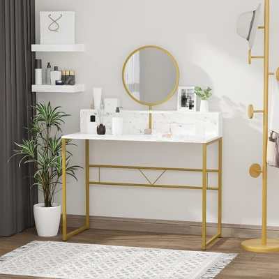 HOMCOM Modern Vanity Makeup Desk With Mirror, Dressing Table With Open Storage, Faux Marble Finish And Steel Frame For Bedroom, White And Gold 3 HOMCOM Modern Vanity Makeup Desk With Mirror, Dressing Table With Open Storage, Faux Marble Finish And Steel Frame For Bedroom, White And Gold