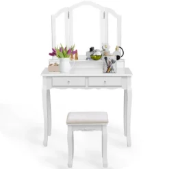 Tangkula Removable Tri-folding Mirror Vanity Table Unit Makeup Set W/ Stool & 4 Drawers