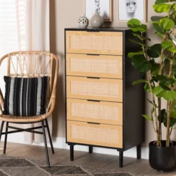 Maureen Wood And Rattan 5 Drawer Storage Chest Espresso/Natural Brown - Baxton Studio -Baxton Furniture Store GUEST c57b0acc a88e 4495 94f5 66299276ace8