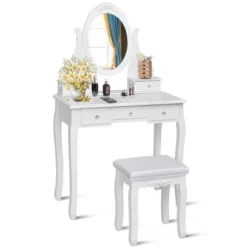 Costway Bedroom Wooden Mirrored Makeup Vanity Set Stool Table Set White 5 Drawers -Baxton Furniture Store GUEST ca03e438 4e38 4409 a883 e28510562ced
