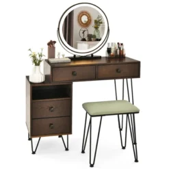 Costway Vanity Table Stool Set Dimmer LED Mirror Large Storage Cabinet Drawer Walnut BlackBrownWhite -Baxton Furniture Store GUEST cac71478 b83d 4a7d 9b3b f15773bb69de