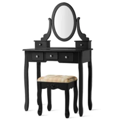 Tangkula Vanity Table Set W/ 360° Rotating Oval Mirror & Drawers Black/White -Baxton Furniture Store GUEST cc6c5607 923a 4ef6 bbf0 a5d98285fc03