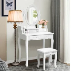 Costway Vanity Wood Makeup Dressing Table Stool 4 Drawers Black/White 11 Costway Vanity Wood Makeup Dressing Table Stool 4 Drawers Black/White -Baxton Furniture Store GUEST cd85705a bb83 40a3 8870 074240d12725