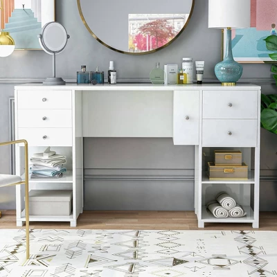 Linsell Glam 6 Drawer Vanity Table Luminous White - MiBasics 3 Linsell Glam 6 Drawer Vanity Table Luminous White - MiBasics