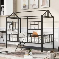Twin Size Metal House Bed Frame With Slatted Support-ModernLuxe -Baxton Furniture Store GUEST d487e8f0 6bde 42dc 857b f7db8fdfcfd9