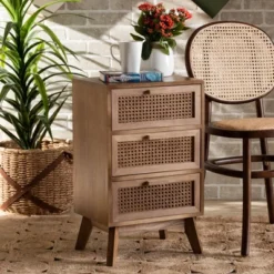 Baden Wood With Rattan 3 Drawer Nightstand Walnut Brown - Baxton Studio -Baxton Furniture Store GUEST db9ff764 236c 4b65 86f0 aef389ef3331