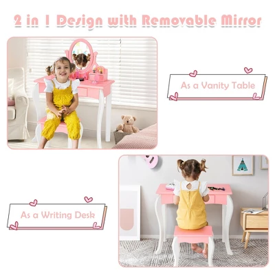 Costway Kids Vanity Princess Makeup Dressing Table Stool Set W/ Mirror Drawer 6 Costway Kids Vanity Princess Makeup Dressing Table Stool Set W/ Mirror Drawer - Image 4