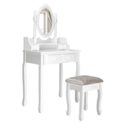 Costway Vanity Wood Makeup Dressing Table Stool Jewelry Desk 4 White -Baxton Furniture Store GUEST e151e8cf a572 47f5 a085 b7a3031c049d
