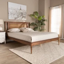 Jamila Wood And Synthetic Rattan Platform Bed Walnut Brown - Baxton Studio -Baxton Furniture Store GUEST e15f00e4 7db2 4926 9b7c 9f57230b8333