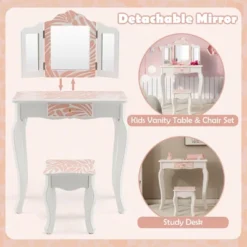 Costway Kid Vanity Set Wooden Makeup Table Stool Tri-Folding Mirror Zebra-Stripe Pink -Baxton Furniture Store GUEST e746d9ed 2bf0 4d3e b9df c9541c81f1a5