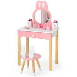 Costway Kids Vanity Set Rabbit Makeup Dressing Table Chair Set W/ Mirror Drawer WhitePink -Baxton Furniture Store GUEST e92ba854 8cd8 4a2b 9cdb 1d49f348be27
