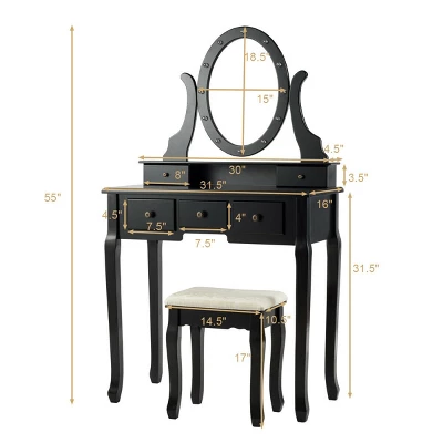 Costway Vanity Set Makeup Dressing Table W/5 Drawers 12 LED Bulb Black 3 Costway Vanity Set Makeup Dressing Table W/5 Drawers 12 LED Bulb Black